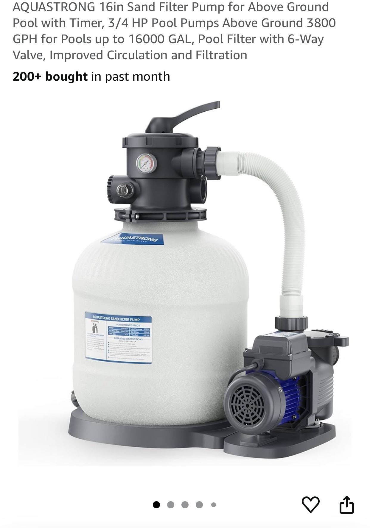 AQUASTRONG 16in Sand Filter Pump for Above Ground Pool with Timer, 3/4 HP Pool Pumps Above Ground 3800 GPH for Pools up to 16000 GAL, Pool Filter with