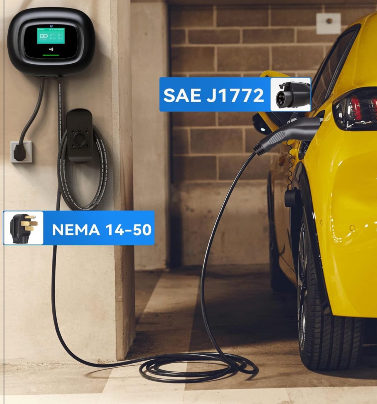KHONS Level 2 EV Charger Up to 40 Amp 240V 10kW Home Car Charger NEMA 14 50 Plug 25ft Cable Indoor/Outdoor Car Charging Station Plug and Play EVSE Bla