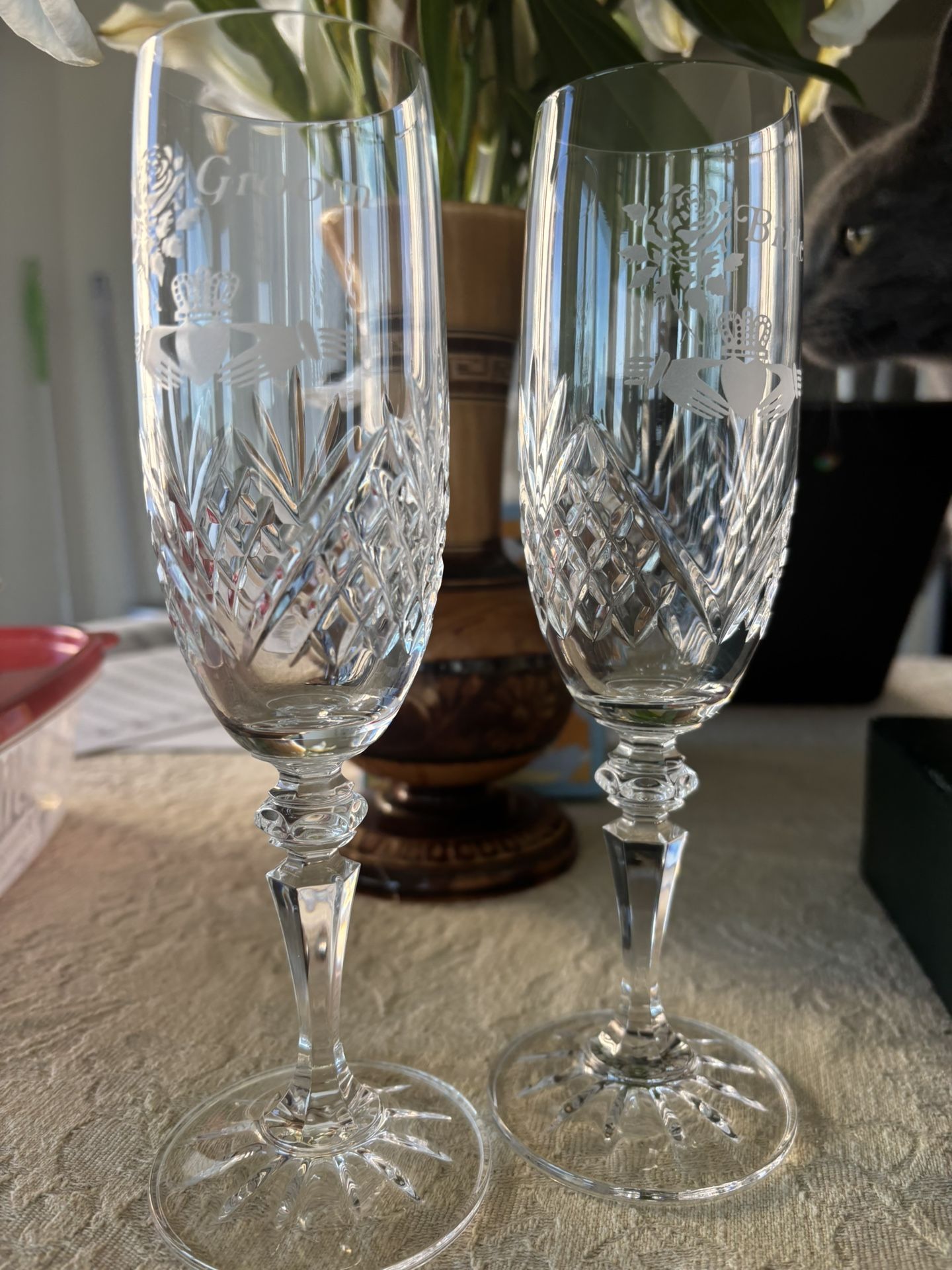 Irish Crystal Bride And Groom Champagne Flutes