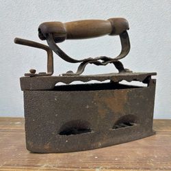 Antique Cast Iron Charcoal Sad Iron Primitive Box Iron w/ Wood Handle c1900
