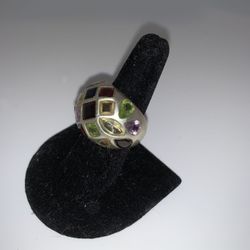 Rare Vintage Silver Ring Size 7.75 Set With Garnet & Variety Of Gemstones