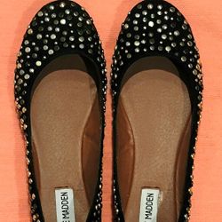 Steve Madden I-DENTFY / Black Suede Multi Rhinestone Round Toe Ballet Flats Size 8