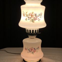 Vintage Hurricane Lamp Milk Glass With Hand Painted Flowers 3-Way Lamp 16.5” Tall