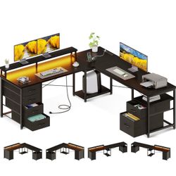 66" L Shaped Computer Desk, 113“ Reversible Home Office Desk with File Cabinet & 4 Fabric Drawers, Two Person Desk with LED Lights & Power Outlet, Cor