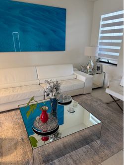 Complete Modern Living Room Set – White Sofa, Chair, Mirrored Tables & Large Wall Art