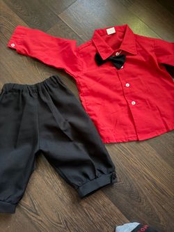 Boys Formal Outfit Set Red Shirt Black Pants