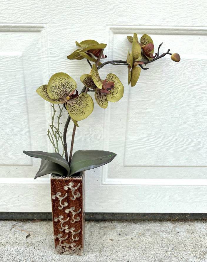 Ceramic Vase With Faux Moth Orchid Ornate Decor Accent