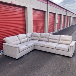 Beige Studded Sectional Sofa Couch 