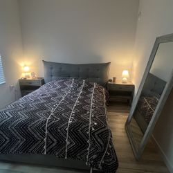 Queen bed / Mattress / 65” LG TV / Mirror / Nightstands