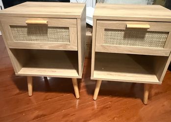Brand new just put together Pair of Mid-Century Nightstands with Cane Drawer