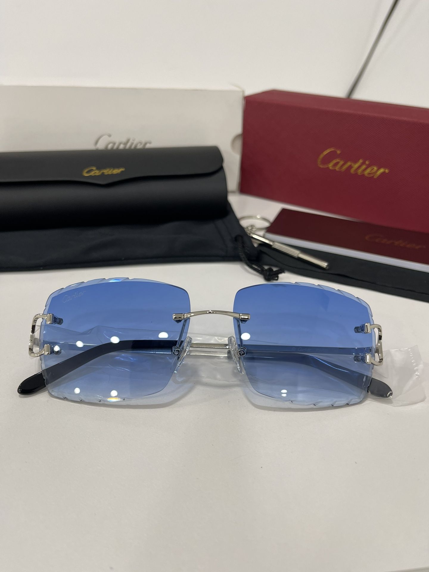 Cartier Glasses (Diamond Cut), Blue Lense, Silver Frame