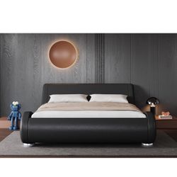 Queen Size Bed Frame with Ergonomic & Adjustable Headboard, Low Profile Modern Upholstered Platform Sleigh Design