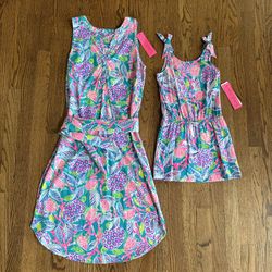 NWT Lilly Pulitzer Mom Dress and Mini Daughter Matching Romper Turtle Wave