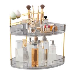 Brand New 2-Tier Makeup Organizer for Vanity & Bathroom Countertop – Acrylic Storage Shelf with Perfume Tray & Makeup Brush Holder, Tool-Free Installa