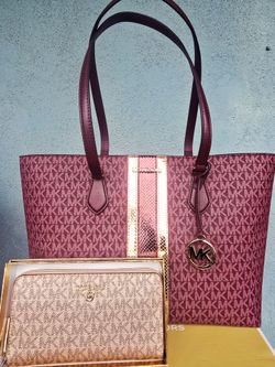 Michael Kors Large Burgandy Tote With Rosegold Trim & A Rosegold Wallet