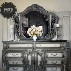 Large Bedroom Set: Dresser With Mirror, Highboy & Nightstands 