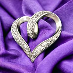 Vintage Necklace Pendant Marked JTW 925 Sterling Silver  Real Diamond Heart