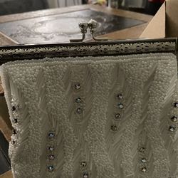Vintage Evening Bag White Beaded Cream Fabric Purse Silver Frame 