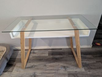 Glass top desk with natural wood