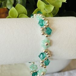 Silver Helix Vine and Green Flower Handmade Beaded Bracelet