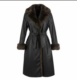 London Fog Black Leather Trench Coat with Brown Fur Trim