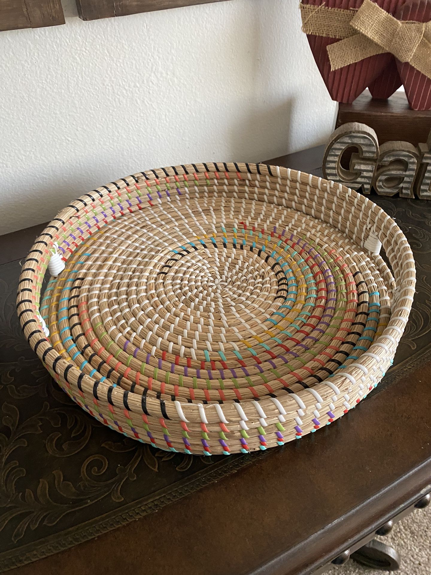Round Colorful Sturdy Wicker Serving Tray New