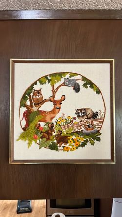 Finished late 70s Elsa Williams Tree of Life Forest Friends Crewel Work Stitched Wall Decor