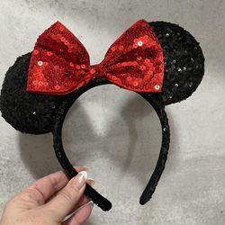 Disney Parks Sequin Minnie Mouse Headband Ears Classic Red Ribbon