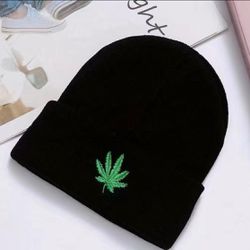 Brand New Embroidery Green Leaf Black Beanie hat Adult Size 