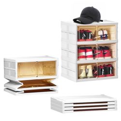 Foldable Shoe Rack Organizer for Closet Entryway 3-Tier 6 Pairs Transparent Plastic Shoe Shelf Collapsible Storage Box Cabinet with Clear Magnetic Lid