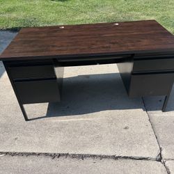 Double Pedestal Steel Desk - 60 × 30", Walnut Top, Black Base