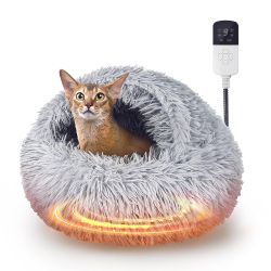 Heated Cat Bed - Indoor Plush Calming Hooded Nest - Temp & Timing Adjustable Removable Heating Pad - 16" Self Warming Cozy Fuzzy Washable Enclosed & O