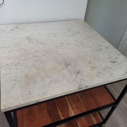 Portable Kitchen Island – White & Gray Marble Top with Metal Base