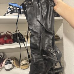 Dsevht Women's Stiletto Black Knee High Boots Sexy Pointed Toe Boot Fashion Trendy High Heel Boots Zipper