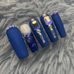 Long square blue press on nails glitter ombré and rhinestones