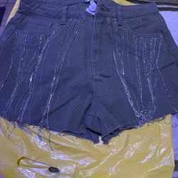 Rhinestone Fringe Denim Shorts Color: OLIVE Size: L