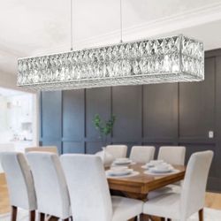 Crystal Chandeliers with Stainless Steel in Chrome, Large Rectangular Pendant Light for Kitchen 