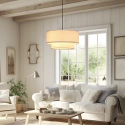 Layered Fabric Pendant Light – Soft Drum Shade Ceiling Fixture 