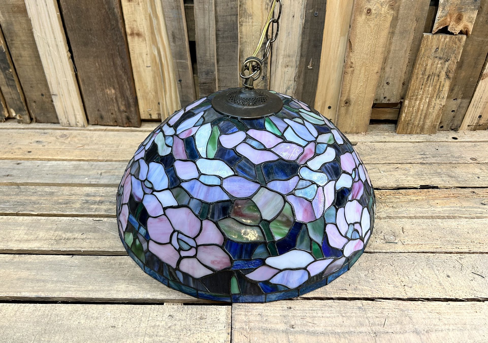Vintage Tiffany Style Stained Glass Hanging Light Lamp Shade Ceiling 20” READ DESCRIPTION 
