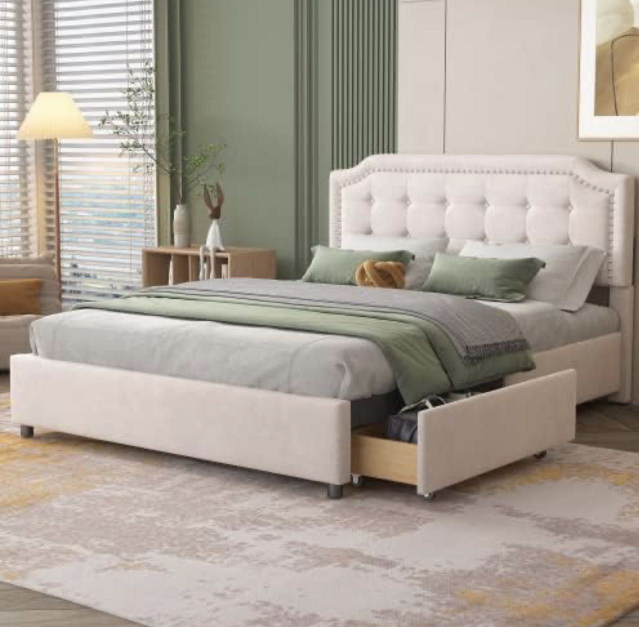 Full Size Platform Bed with Velvet Fabric Headboard