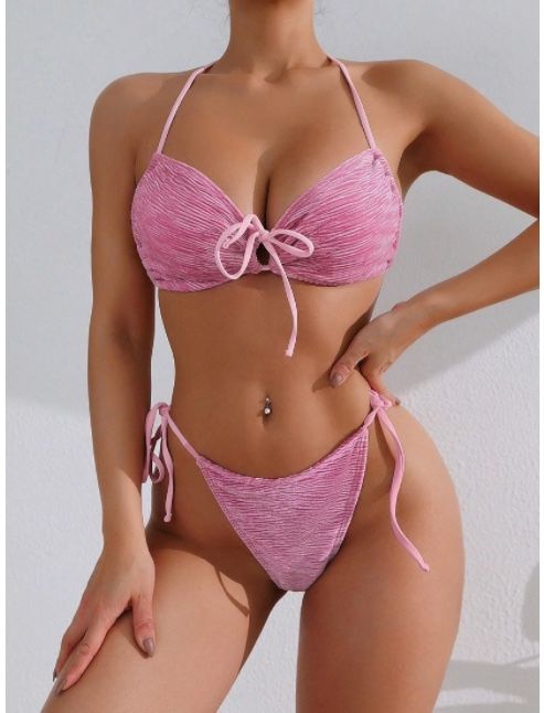 Women's Pleated Halter Neck Bikini Set for Vacation