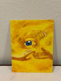 Original Surrealist Eye and Hands Acrylic Painting on Canvas Board