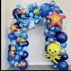 Ocean Animals Balloon Arch Kit-120pcs Garland Midnight Blue Light Blue Metallic Blue wit