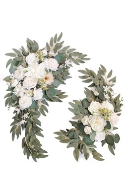 Wedding Arch Faux Flowers Set of 2 Wedding Welcome Sign for Wedding Decor Ceremony and Reception Backdrop Decoration (White)