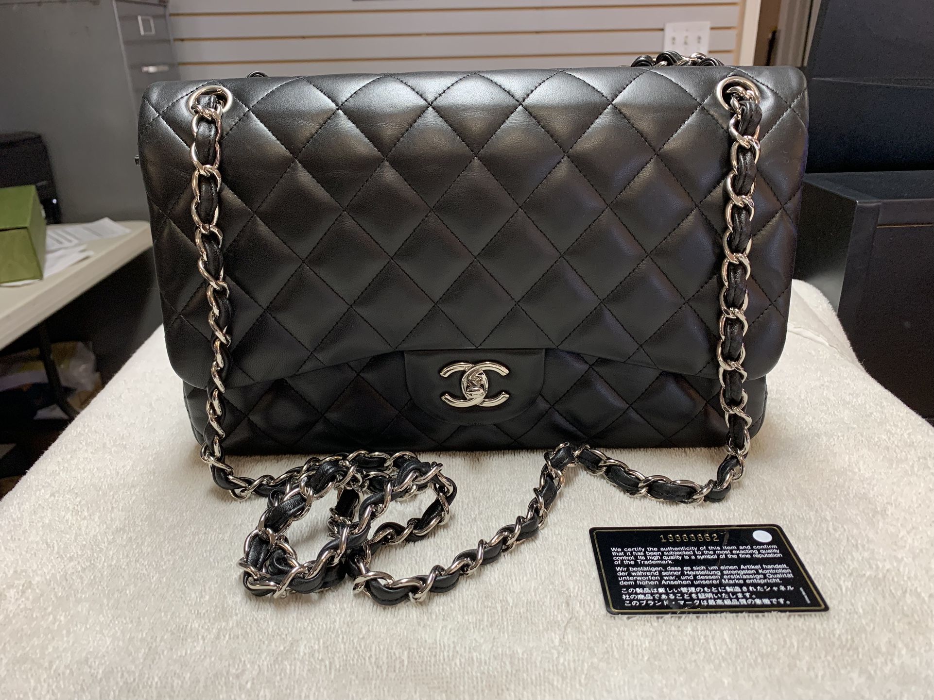 CHANEL Black Lambskin Jumbo Classic Double Flap Bag 