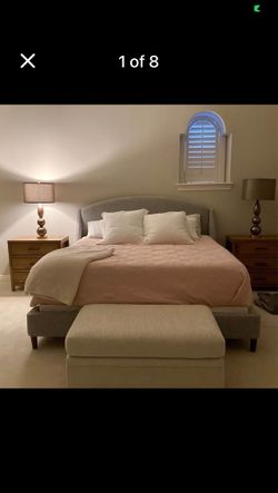 Moving this weekend must go! 500 obo king size bed set included sealy mattress box spring and upholstered bed. Can include some king size bedding if n
