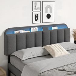 C183 $65 King Headboard Only with LED Light & Storage, Adjustable Headboards for King/California King Size Bed, Upholstered Head Board Linen Fabric,