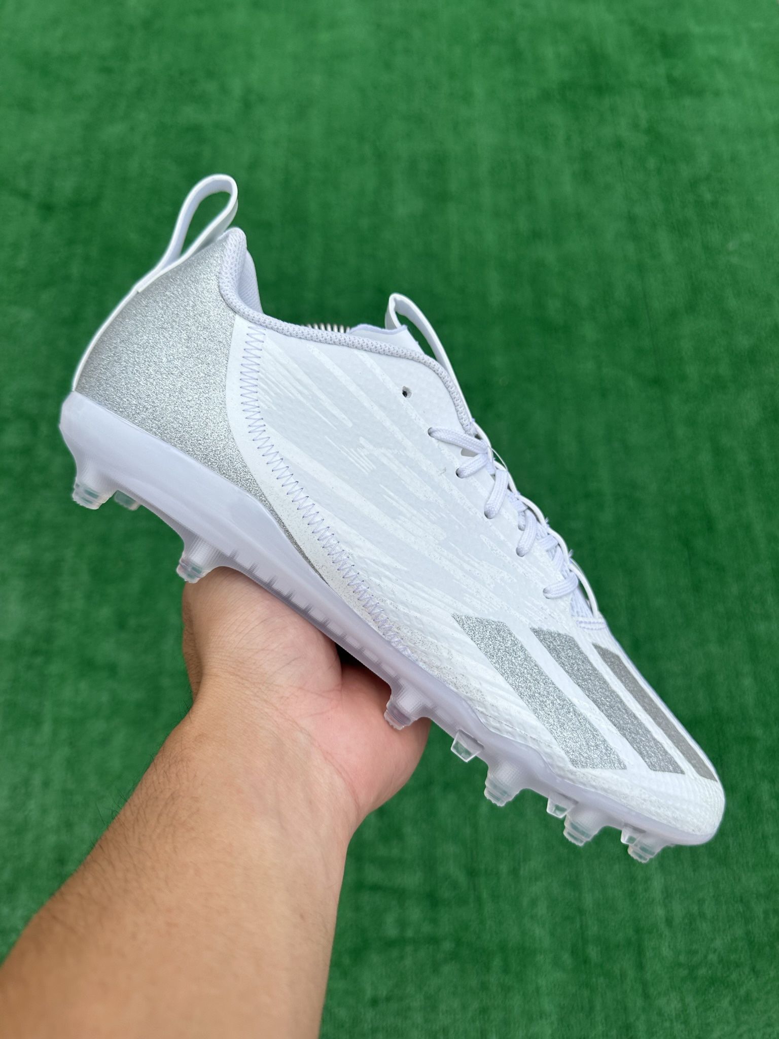 ADIDAS ADIZERO SPARK “WHITE / METALLIC SILVER” FOOTBALL CLEATS (Size 10.5, Men’s)