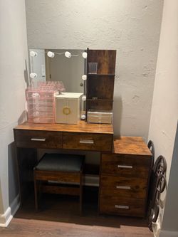 Rustic Brown Vanity Desk with Mirror and Stool