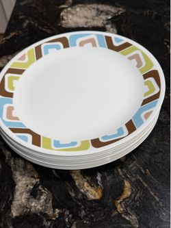 Set of 11 Corelle 10 1/4 Dinner Plate Blue Green Brown Retro Geometric Dinnerplate